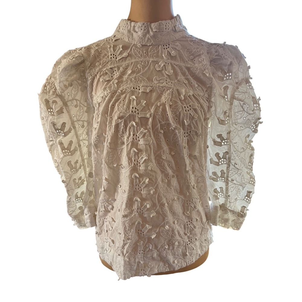 Forever That Girl White 100% Cotton Eyelet Blouse XXS Puff Sleeve Open Back